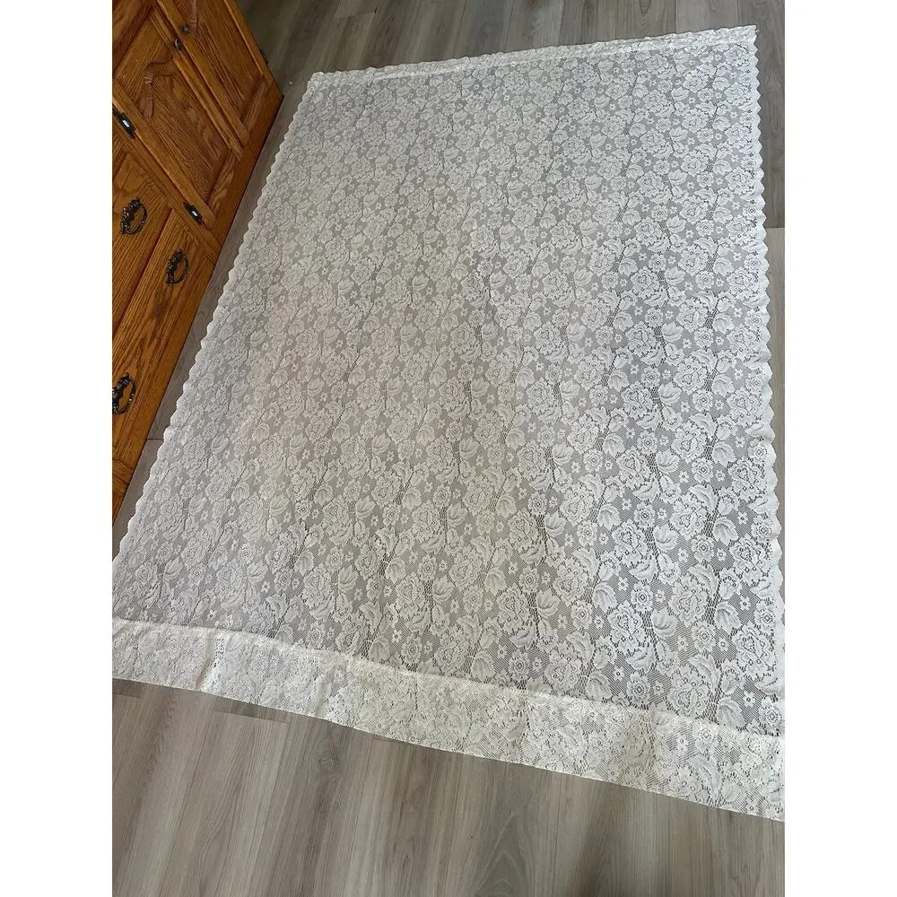 Vintage White Floral Lace Curtain Panel Scalloped Rose Cottagecore Shabby Chic